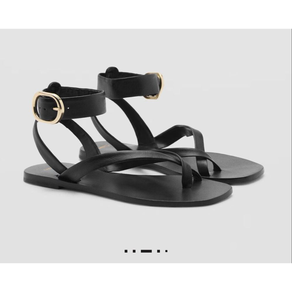 MNG by Mango Black Leather Strappy toe loop Sandals Women’s EU 39 NEW